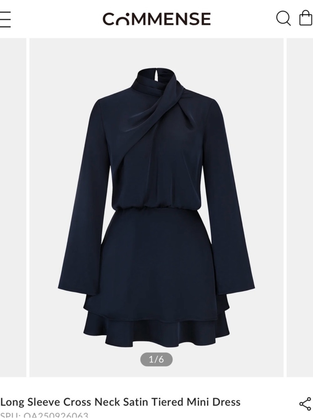Commense Long-Sleeve Cross Neck Satin Tiered Mini Dress